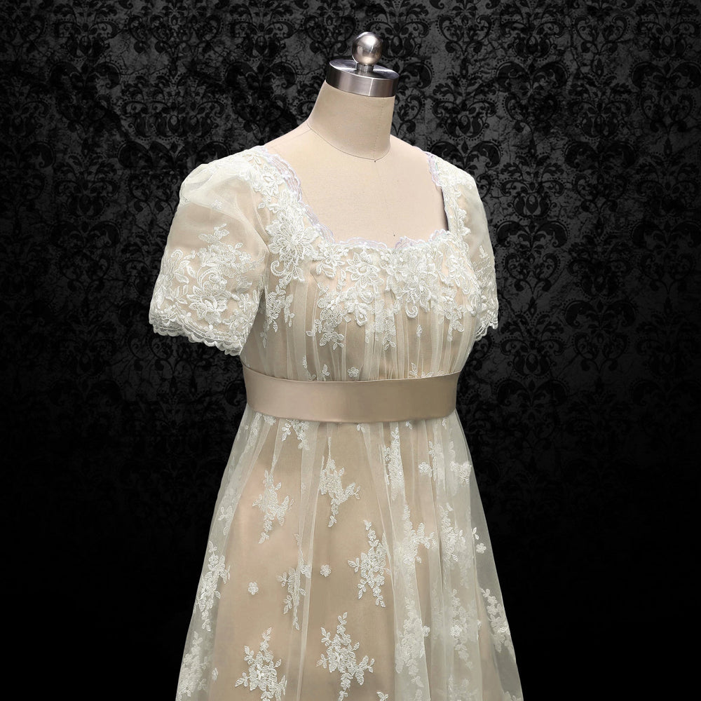 Bridgerton Daphne Empire Waist Champagne Dress With Lace- Regency Era Ball Gown Plus Size - WonderlandByLilian