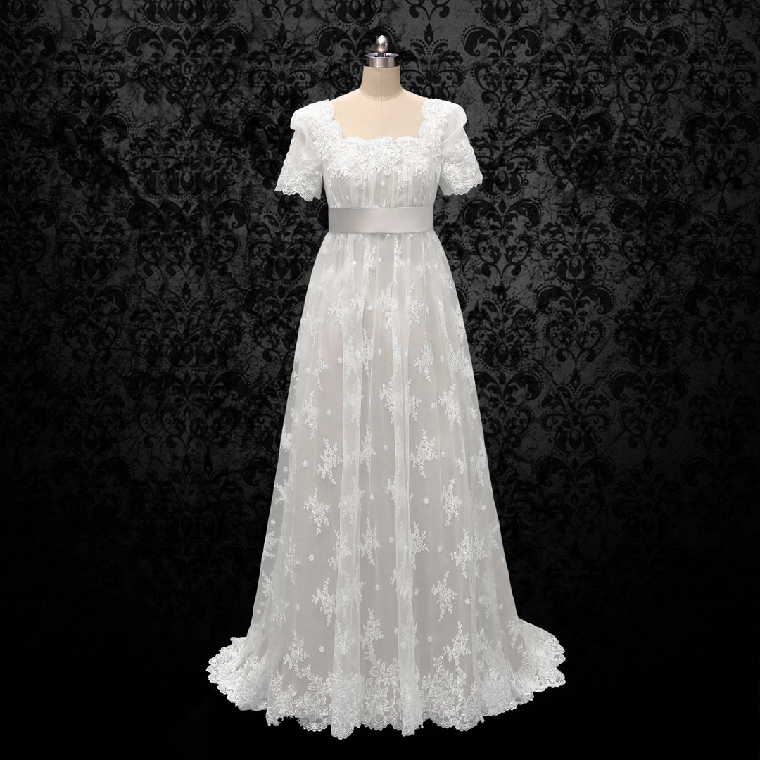 Bridgerton Daphne White Bridal Dress With Lace - Regency Era Ball Gown Plus Size - WonderlandByLilian