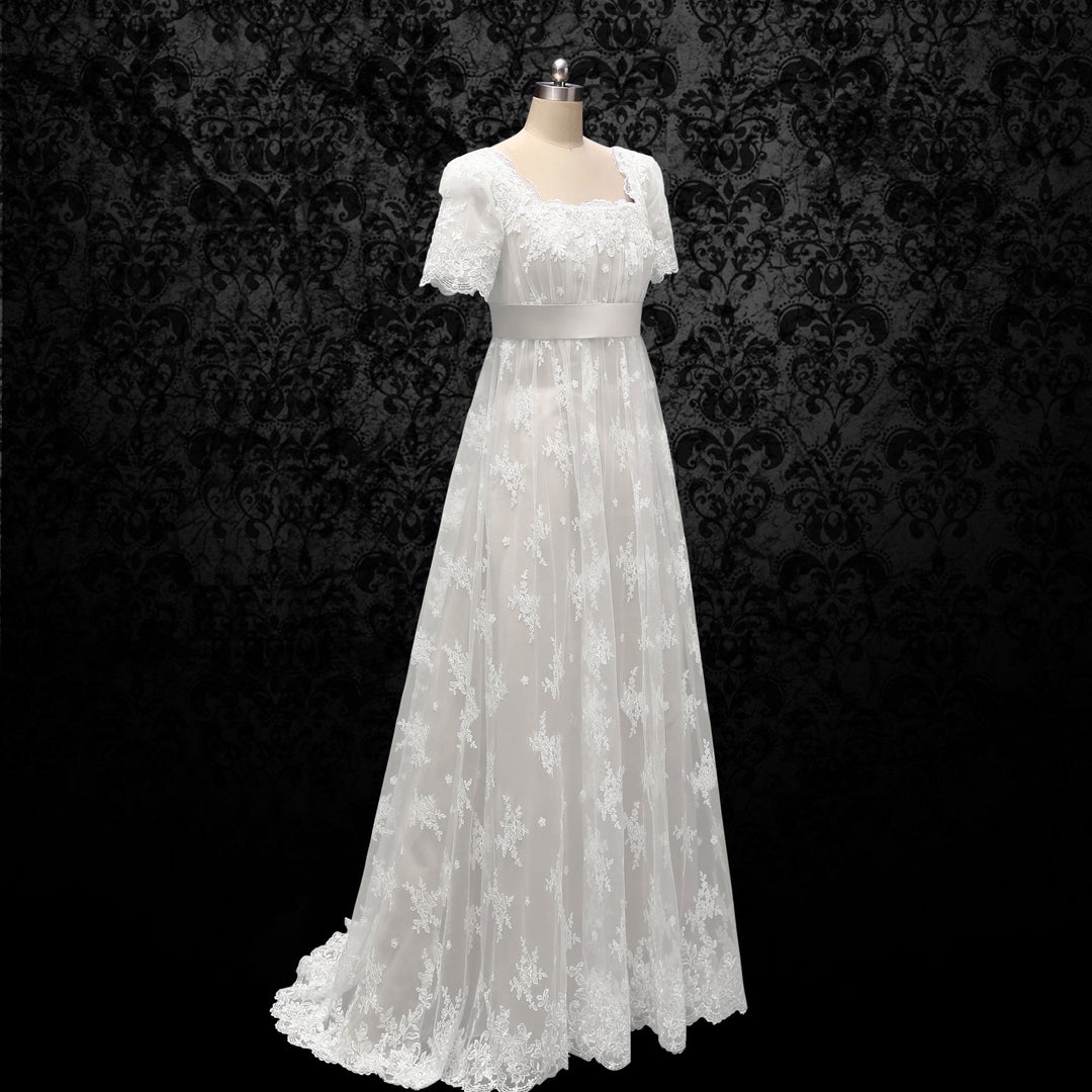 Bridgerton Daphne White Bridal Dress With Lace - Regency Era Ball Gown Plus Size - WonderlandByLilian