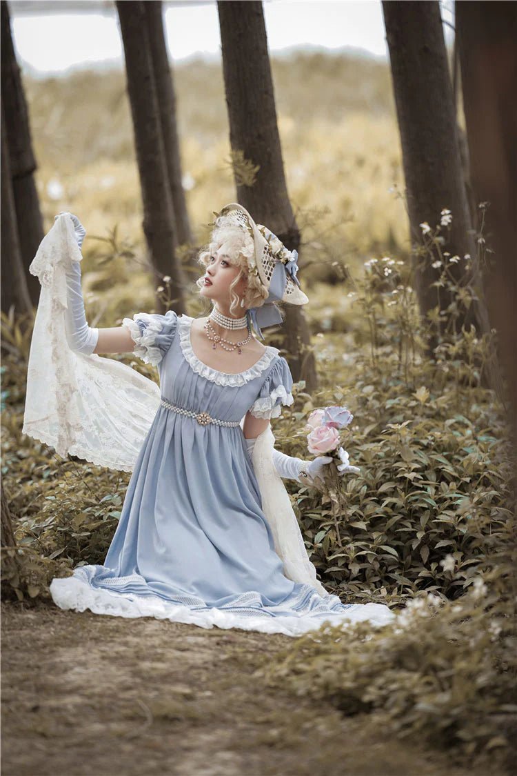 Bridgerton Dress Regency Era Blue Dress With Lace - Regency Ball Gown Plus Size - WonderlandByLilian