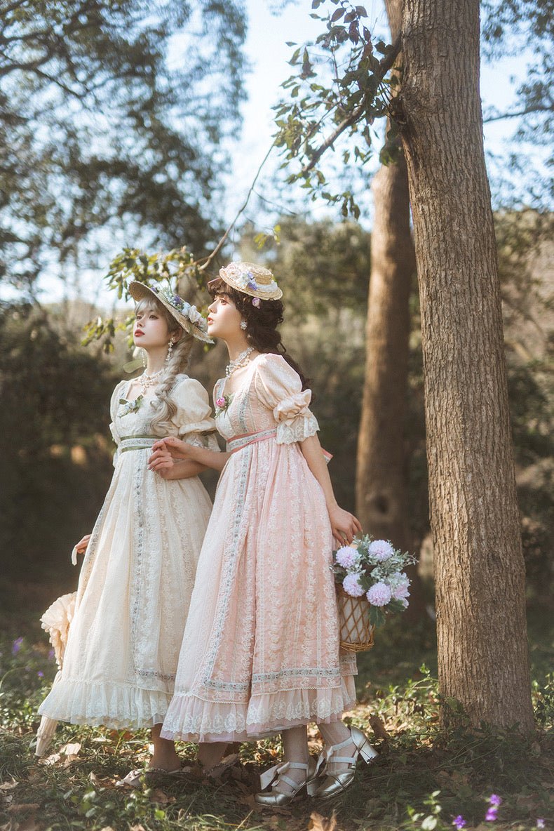 Bridgerton Inspired Beige Regency Era Dress - Empire Waist Dress Lace Embroidery - Plus Size - WonderlandByLilian