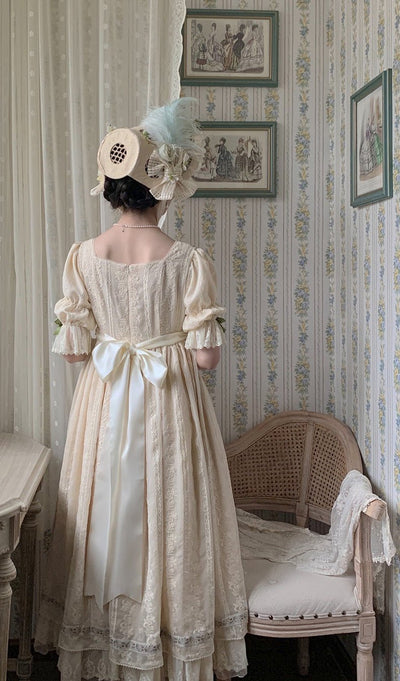 Bridgerton Inspired Beige Regency Era Dress - Empire Waist Dress Lace Embroidery - Plus Size - WonderlandByLilian