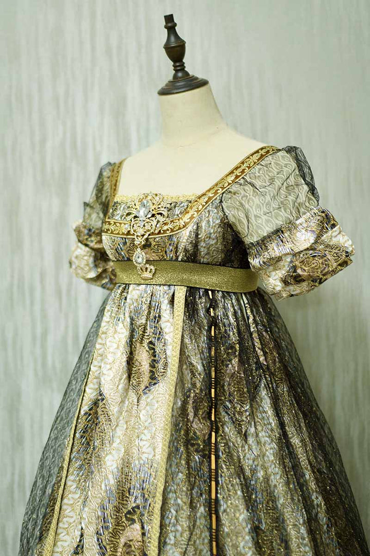 Bridgerton Inspired Black Gold Regency Era Ball Gown - Regency Era prom dress costume Custom Made with Lace Embroidery - plus size - WonderlandByLilian