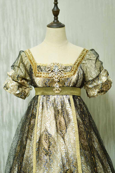 Bridgerton Inspired Black Gold Regency Era Ball Gown - Regency Era prom dress costume Custom Made with Lace Embroidery - plus size - WonderlandByLilian