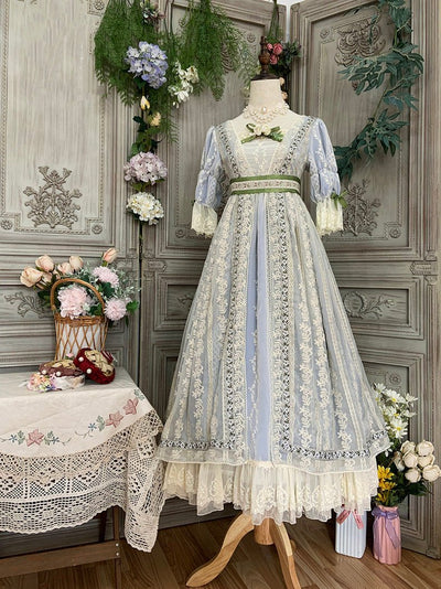 Bridgerton Inspired Blue Regency Era Dress - Empire Waist Dress Lace Embroidery - Plus Size - WonderlandByLilian