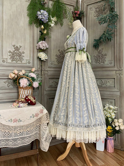 Bridgerton Inspired Blue Regency Era Dress - Empire Waist Dress Lace Embroidery - Plus Size - WonderlandByLilian