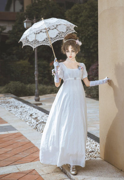 Bridgerton Inspired Embroidered Romantic Regency Era Cotton Lace Dress With Empire Waist - Plus Size - WonderlandByLilian