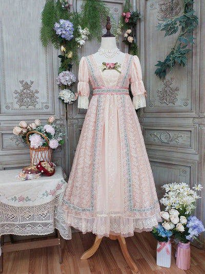 Bridgerton Inspired Pink Regency Era Dress - Empire Waist Dress Lace Embroidery - Plus Size - WonderlandByLilian