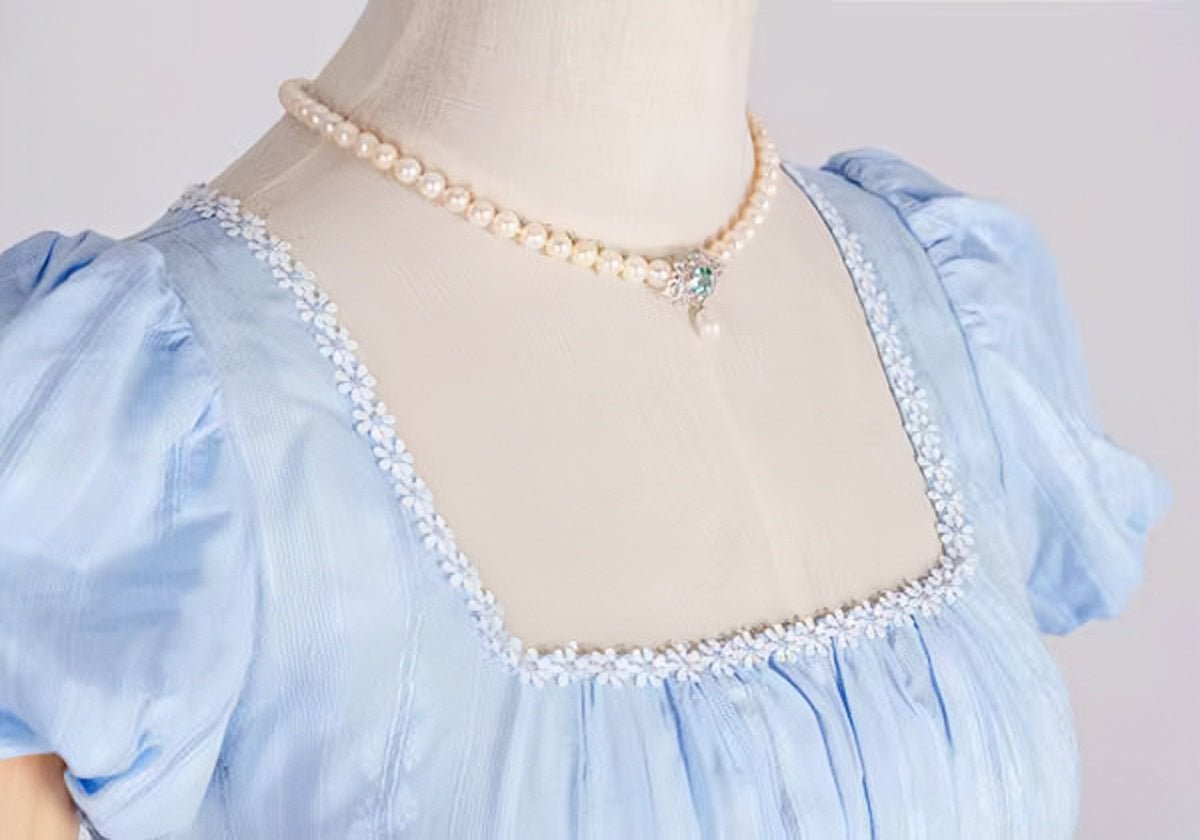 Bridgerton Inspired Regency Era Blue Cotton Dress With Brooch- Regency Ball Gown - Plus Size - WonderlandByLilian