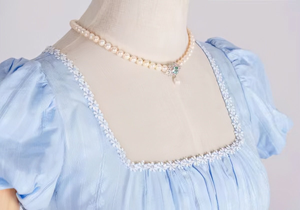 Bridgerton Inspired Regency Era Blue Cotton Dress With Brooch- Regency