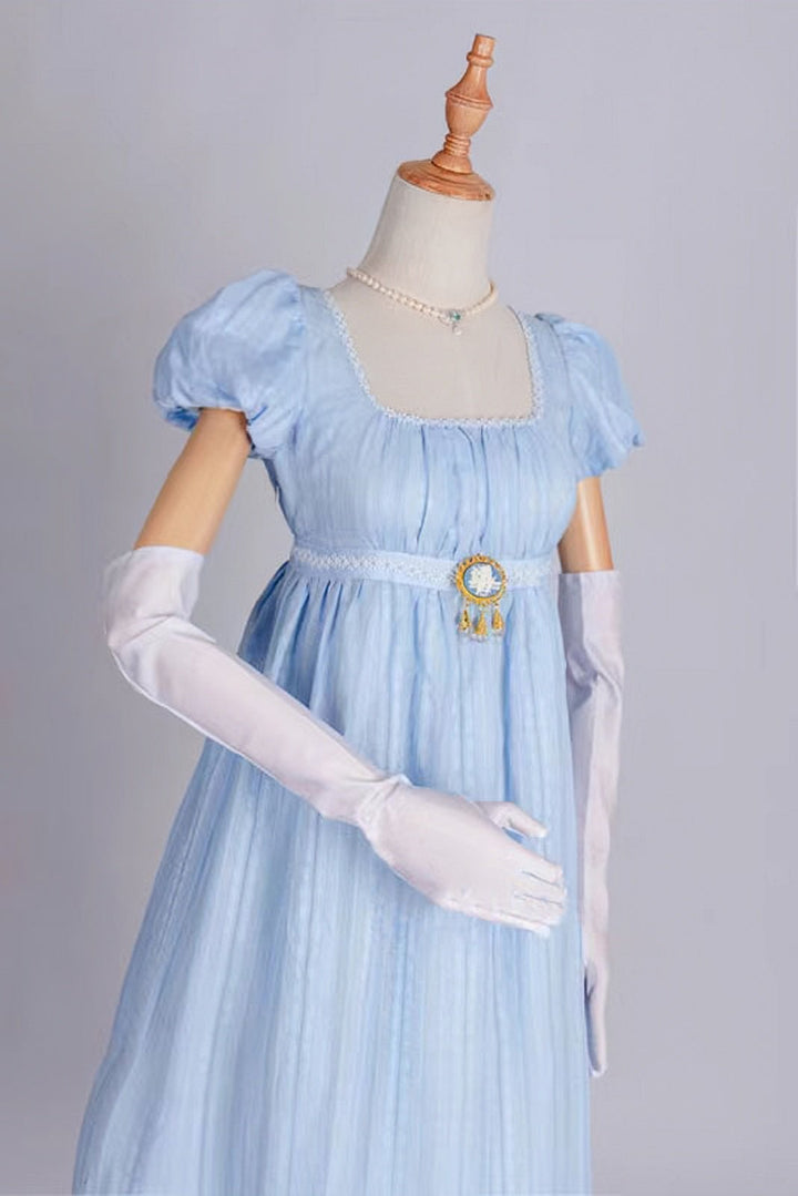 Bridgerton Inspired Regency Era Blue Cotton Dress With Brooch- Regency Ball Gown - Plus Size - WonderlandByLilian