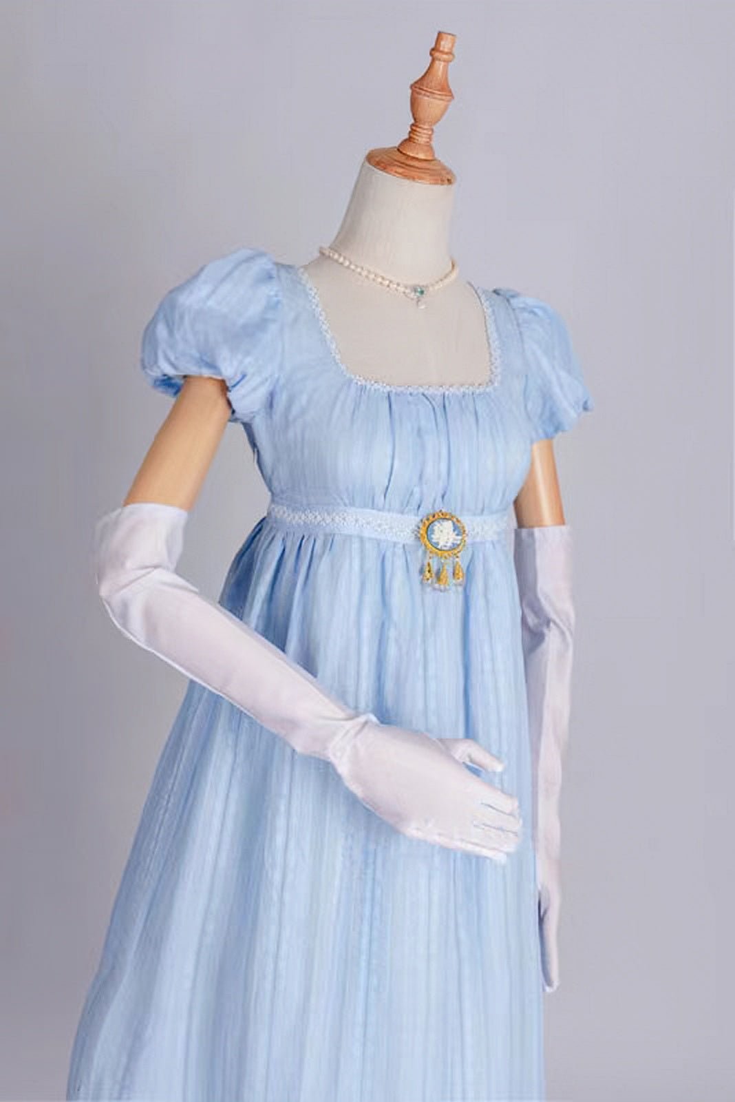regency era blue dress Bridgerton Inspired Regency Era Blue Cotton Dress With Brooch- Regency Ball Gown