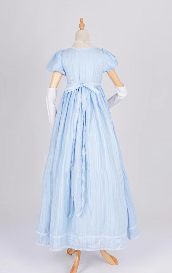 Bridgerton Inspired Regency Era Blue Cotton Dress With Brooch- Regency Ball Gown - Plus Size - WonderlandByLilian