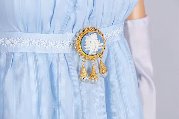 Bridgerton Inspired Regency Era Blue Cotton Dress With Brooch- Regency Ball Gown - Plus Size - WonderlandByLilian