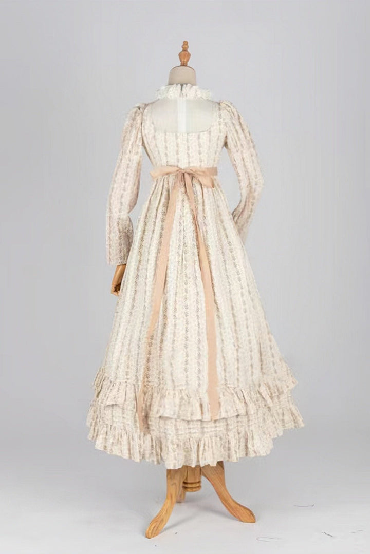 Bridgerton Inspired Regency Era High-necked Beige Striped Dress - Regency Era Ball Gown Plus Size - WonderlandByLilian