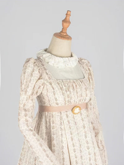 Bridgerton Inspired Regency Era High-necked Beige Striped Dress - Regency Era Ball Gown Plus Size - WonderlandByLilian