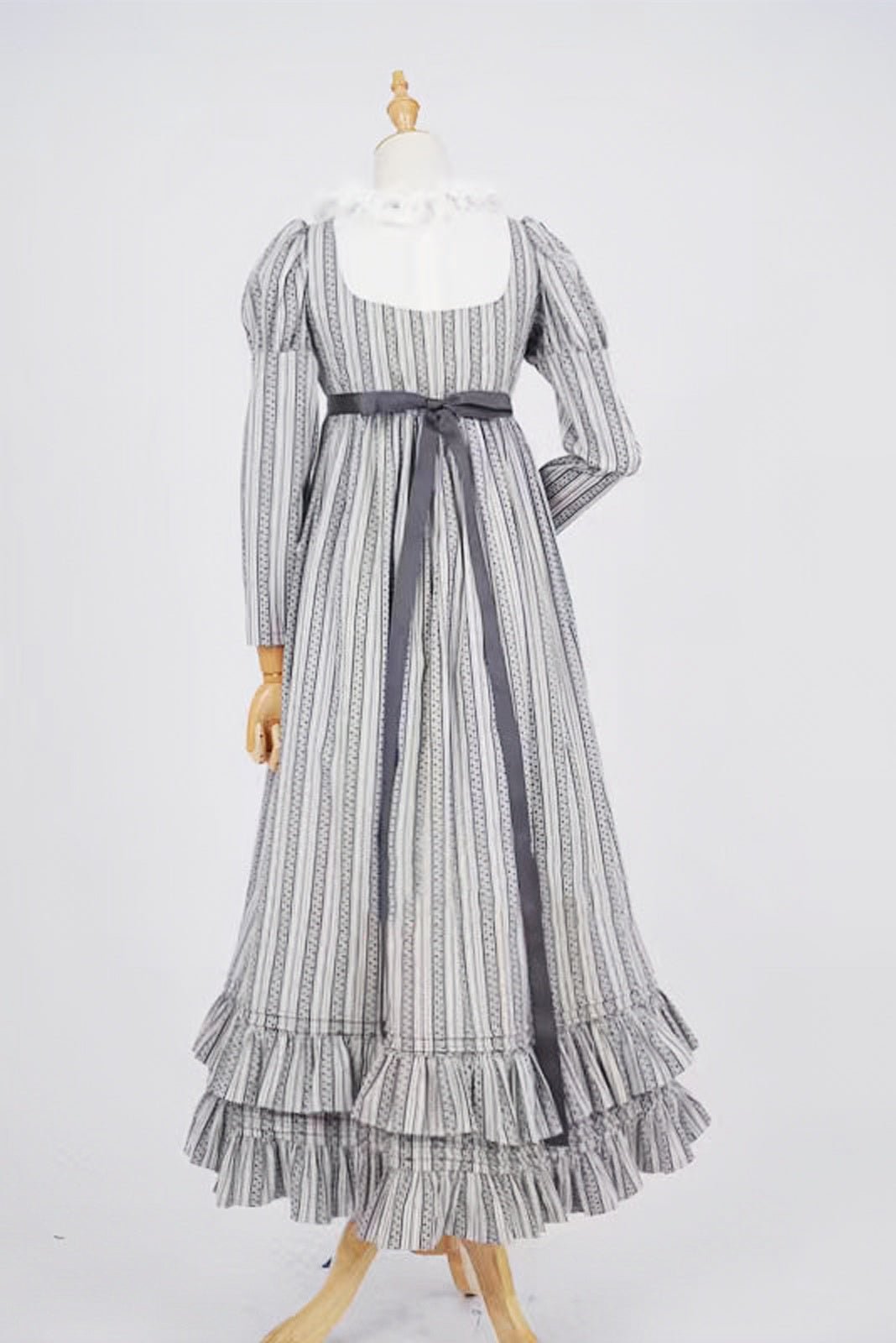 Bridgerton Inspired Regency Era High-necked Grey Striped Dress - Regency Era Ball Gown Plus Size - WonderlandByLilian