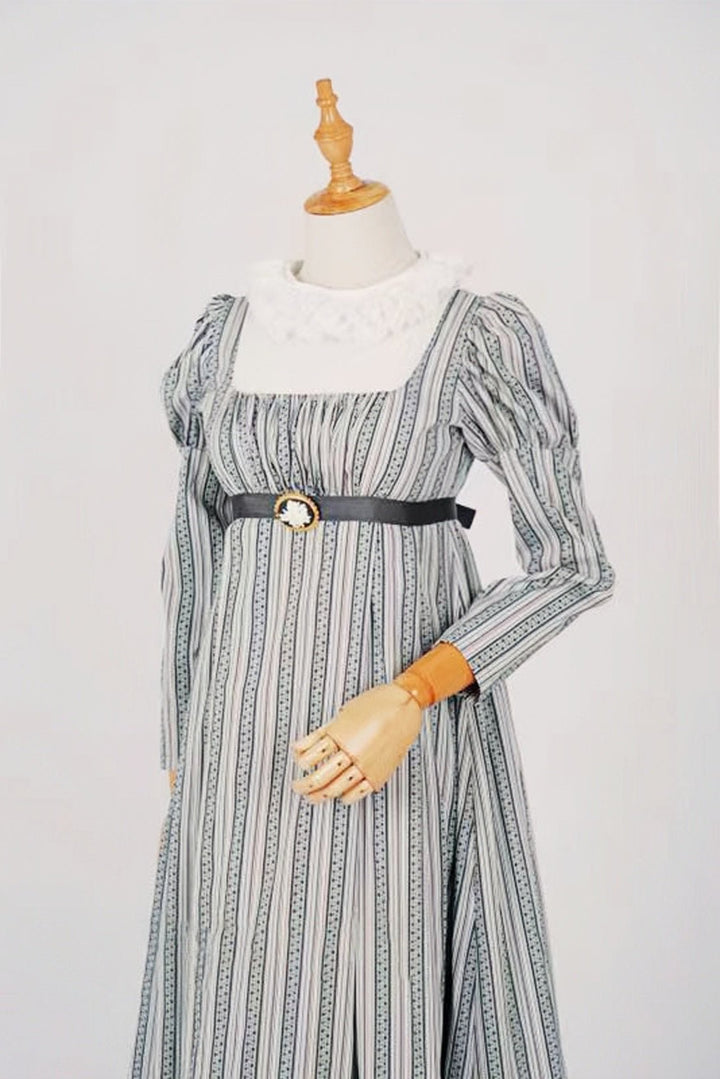 Bridgerton Inspired Regency Era High-necked Grey Striped Dress - Regency Era Ball Gown Plus Size - WonderlandByLilian