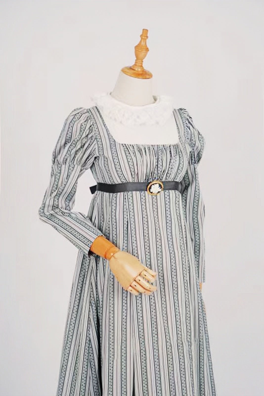 Bridgerton Inspired Regency Era High-necked Grey Striped Dress - Regency Era Ball Gown Plus Size - WonderlandByLilian