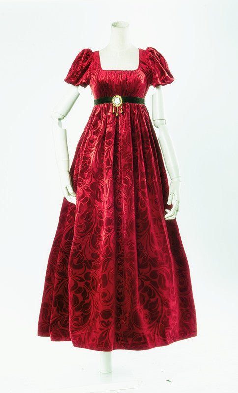 Bridgerton Inspired Regency Era Ruby Red Velvet Jacquard Ball Gown - Regency Era Dress Plus Size - WonderlandByLilian