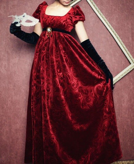 Bridgerton Inspired Regency Era Ruby Red Velvet Jacquard Ball Gown - Regency Era Dress Plus Size - WonderlandByLilian