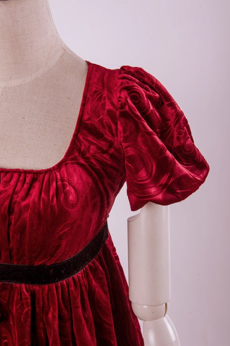 Bridgerton Inspired Regency Era Ruby Red Velvet Jacquard Ball Gown - Regency Era Dress Plus Size - WonderlandByLilian