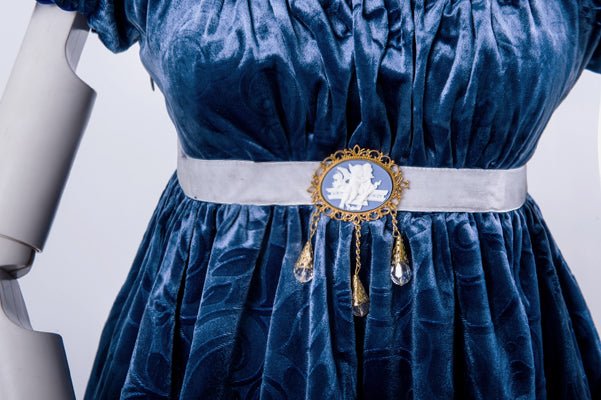 Bridgerton Inspired Regency Era Sapphire Velvet Jacquard Dress - Regency Era Ball Gown Plus Size - WonderlandByLilian