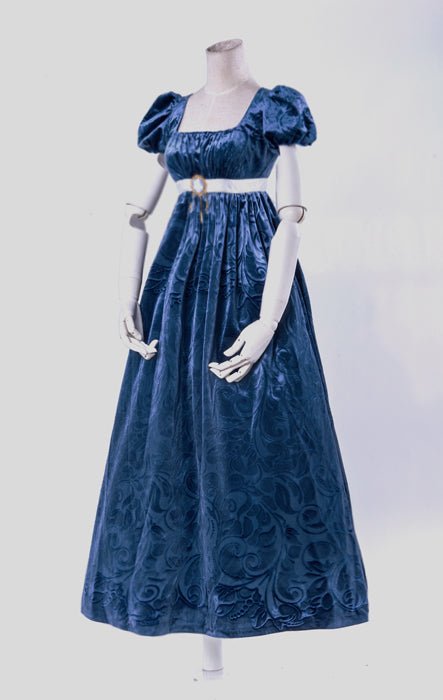 Bridgerton Inspired Regency Era Sapphire Velvet Jacquard Dress - Regency Era Ball Gown Plus Size - WonderlandByLilian