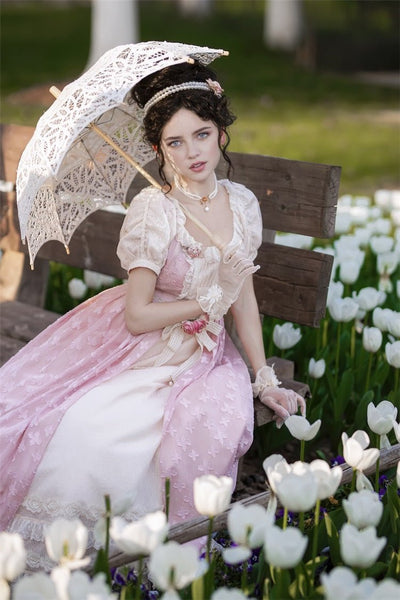 Bridgerton Pink Dress With Lace - Regency Era Ball Gown - Regency Weddding Dress Plus Size - WonderlandByLilian