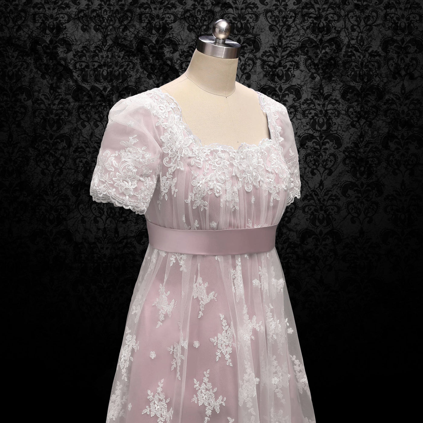 Bridgerton Pink Pale Lilac Regency Wedding Dress With Lace- Regency Era Ball Gown Plus Size - WonderlandByLilian