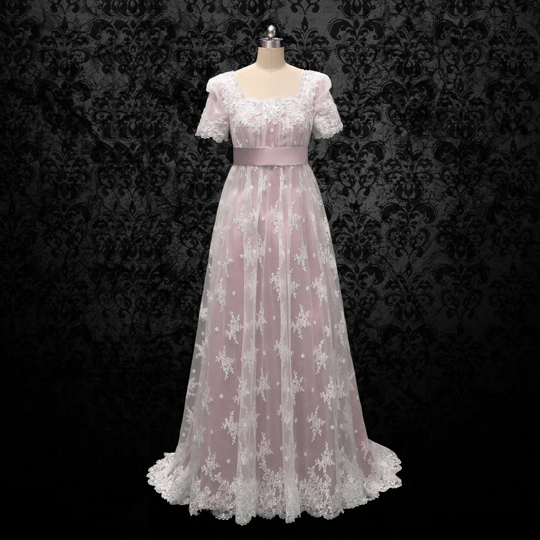 Bridgerton Pink Pale Lilac Regency Wedding Dress With Lace- Regency Era Ball Gown Plus Size - WonderlandByLilian