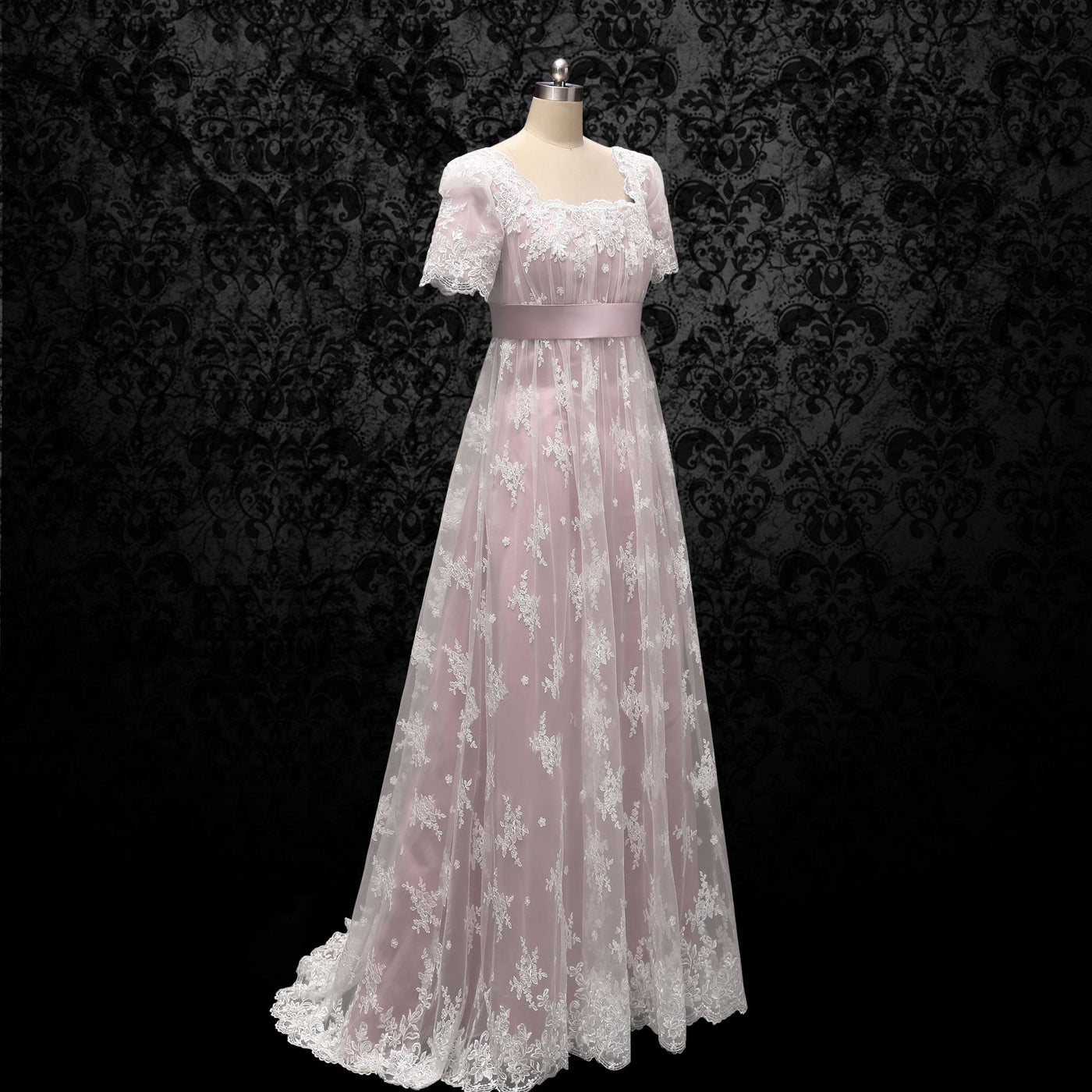 Bridgerton Pink Pale Lilac Regency Wedding Dress With Lace- Regency Era Ball Gown Plus Size - WonderlandByLilian