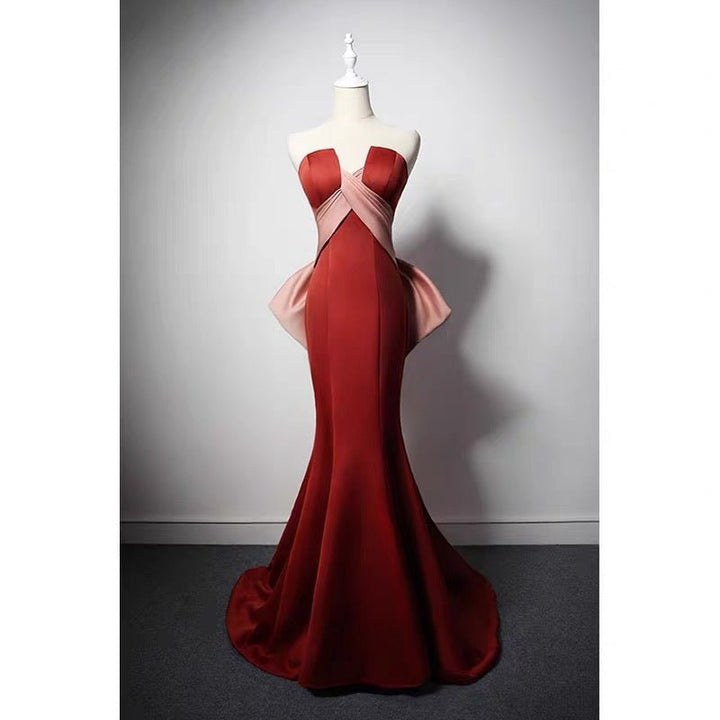 BROWN RED SATIN MERMAID PROM DRESS WITH Bow Tie Train - Corset EVENING GOWN PLUS SIZE - WonderlandByLilian