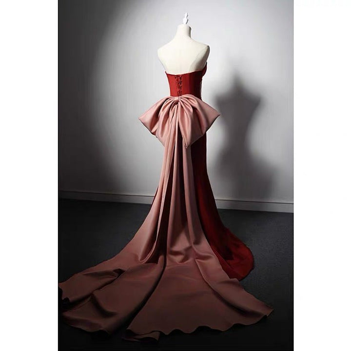 BROWN RED SATIN MERMAID PROM DRESS WITH Bow Tie Train - Corset EVENING GOWN PLUS SIZE - WonderlandByLilian
