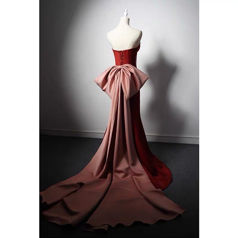 Brown Red Satin Mermaid Prom Dress with Bow Tie Train - Corset Evening Gown Plus Size Size 16 / Red Brown Red Satin Mermaid Prom Dress with Bow Tie Train - Corset Evening Gown Plus Size Size 16 / Red