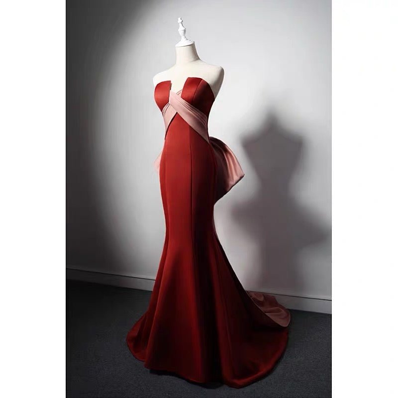 BROWN RED SATIN MERMAID PROM DRESS WITH Bow Tie Train - Corset EVENING GOWN PLUS SIZE - WonderlandByLilian