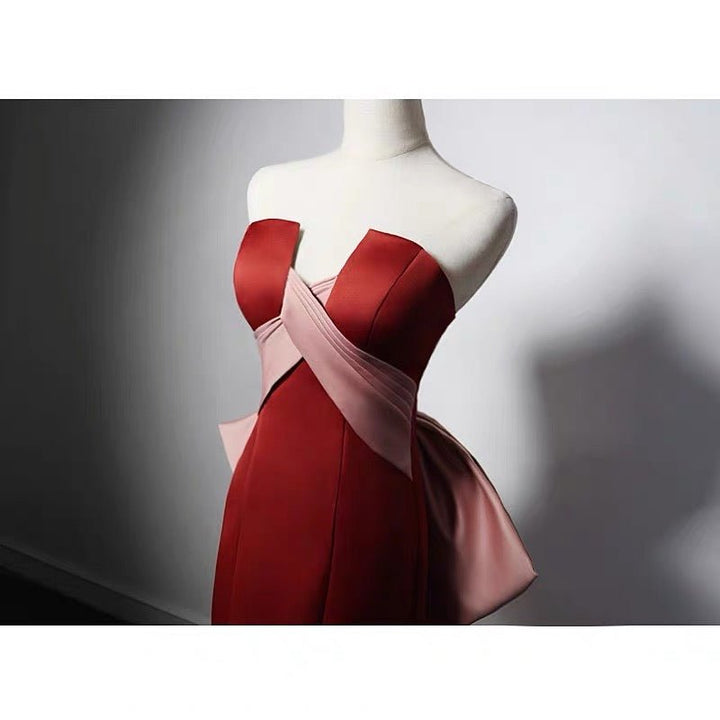 BROWN RED SATIN MERMAID PROM DRESS WITH Bow Tie Train - Corset EVENING GOWN PLUS SIZE - WonderlandByLilian