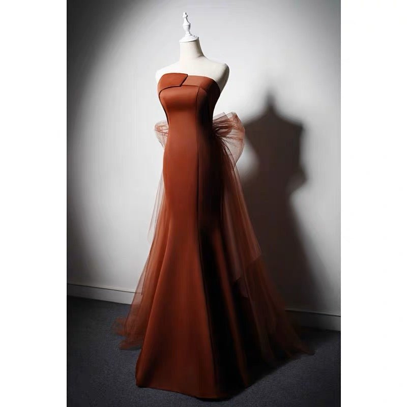 Brown Red Satin Mermaid Prom Dress With Gauze - Evening Gown Plus Size - WonderlandByLilian