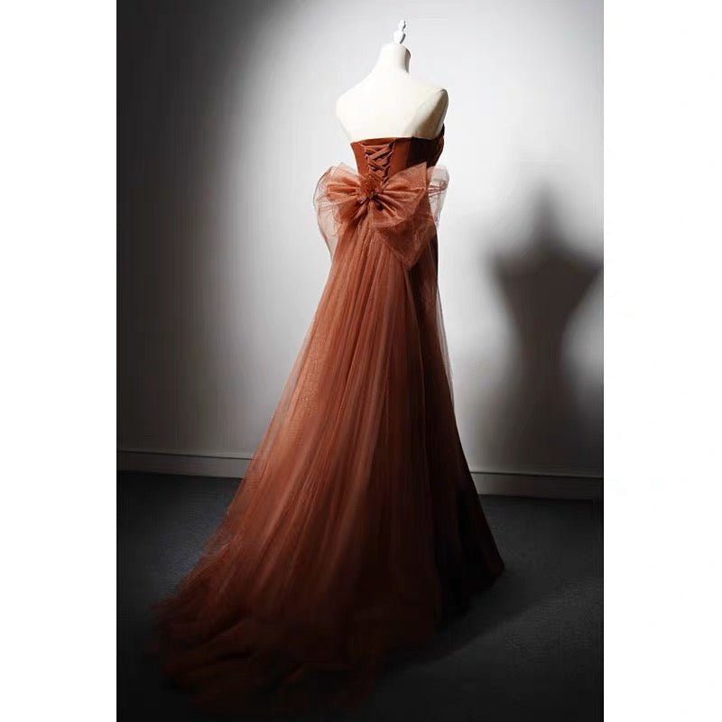 Brown Red Satin Mermaid Prom Dress With Gauze - Evening Gown Plus Size - WonderlandByLilian