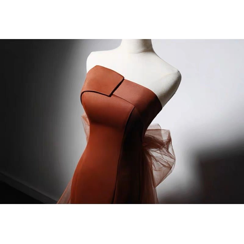Brown Red Satin Mermaid Prom Dress With Gauze - Evening Gown Plus Size Size 8 / Red Brown Red Satin Mermaid Prom Dress With Gauze - Evening Gown Plus Size Size 8 / Red