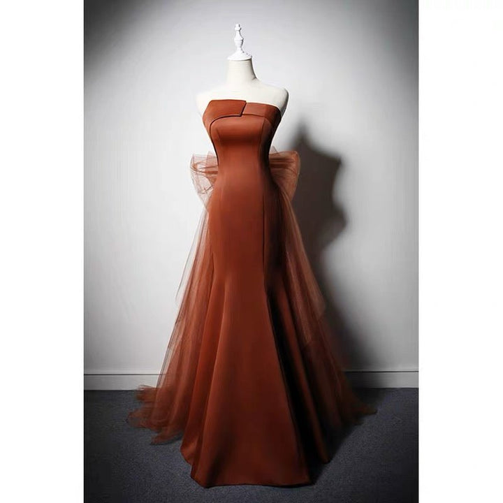 Brown Red Satin Mermaid Prom Dress With Gauze - Evening Gown Plus Size - WonderlandByLilian