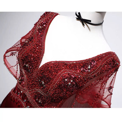 Burgundy V-neck Mermaid Evening Gown - Ruffle Formal Dress Plus Size - WonderlandByLilian