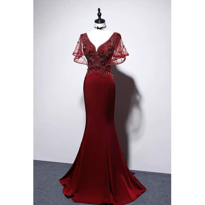 Burgundy V-neck Mermaid Evening Gown - Ruffle Formal Dress Plus Size - WonderlandByLilian