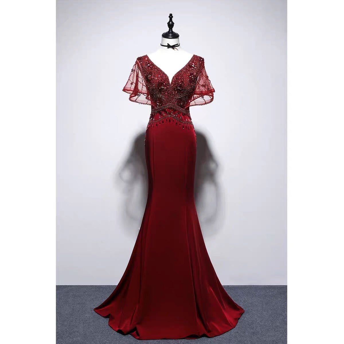 Burgundy V-neck Mermaid Evening Gown - Ruffle Formal Dress Plus Size - WonderlandByLilian