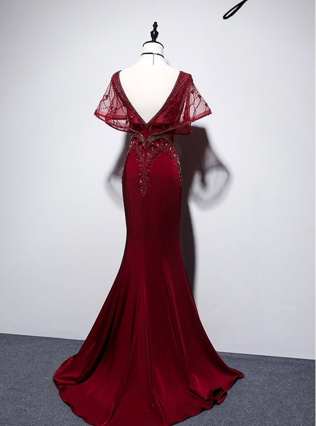 Burgundy V-neck Mermaid Evening Gown - Ruffle Formal Dress Plus Size - WonderlandByLilian