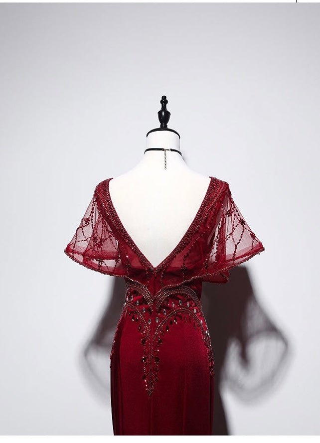 Burgundy V-neck Mermaid Evening Gown - Ruffle Formal Dress Plus Size - WonderlandByLilian
