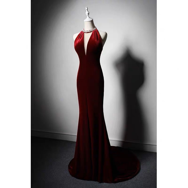 Burgundy Velvet Backless V-neck Mermaid Evening Gown With Crystal Chain Back- Plus Size - WonderlandByLilian