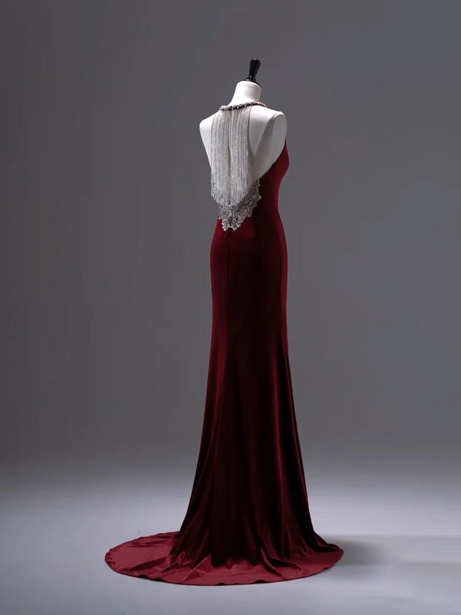 Burgundy Velvet Backless V-neck Mermaid Evening Gown With Crystal Chain Back- Plus Size - WonderlandByLilian