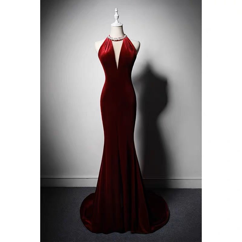 Burgundy Velvet Backless V-neck Mermaid Evening Gown With Crystal Chain Back- Plus Size - WonderlandByLilian