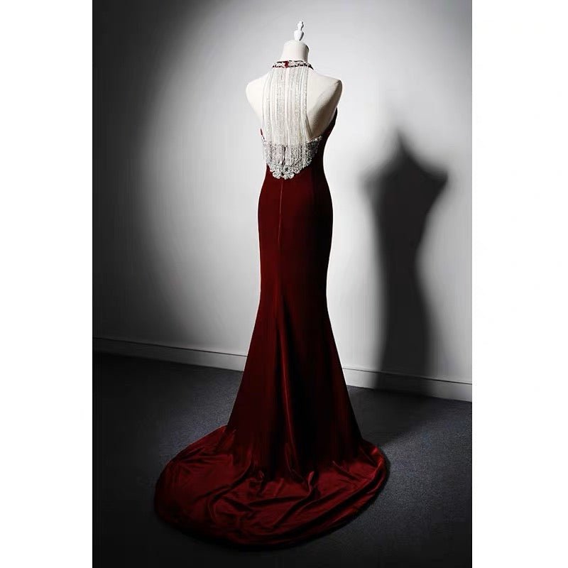 Burgundy Velvet Backless V-neck Mermaid Evening Gown With Crystal Chain Back- Plus Size